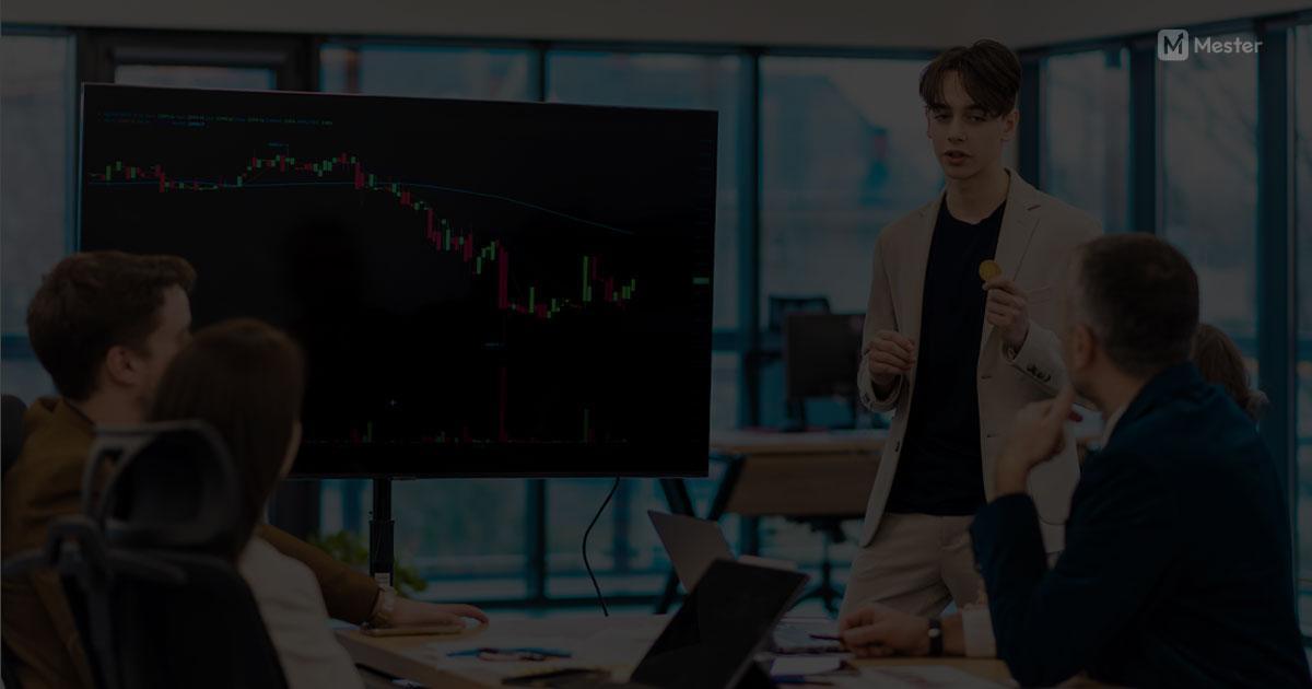Apresentação corporativa com gráfico financeiro exibido em uma tela, demonstrando análises do mercado de futuros em uma reunião interativa.